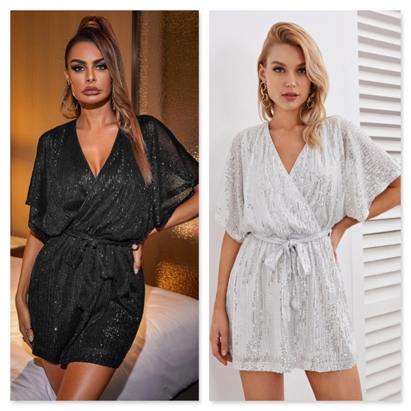 All Over Sequin Green V-Neck Belted Mini Dress - Picture 8 of 10